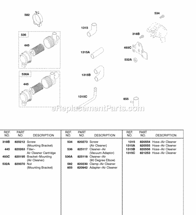 Air Cleaner Air Cleaner Hose Diagram and Parts List for 58A447-0234-99  Briggs and Stratton Engine